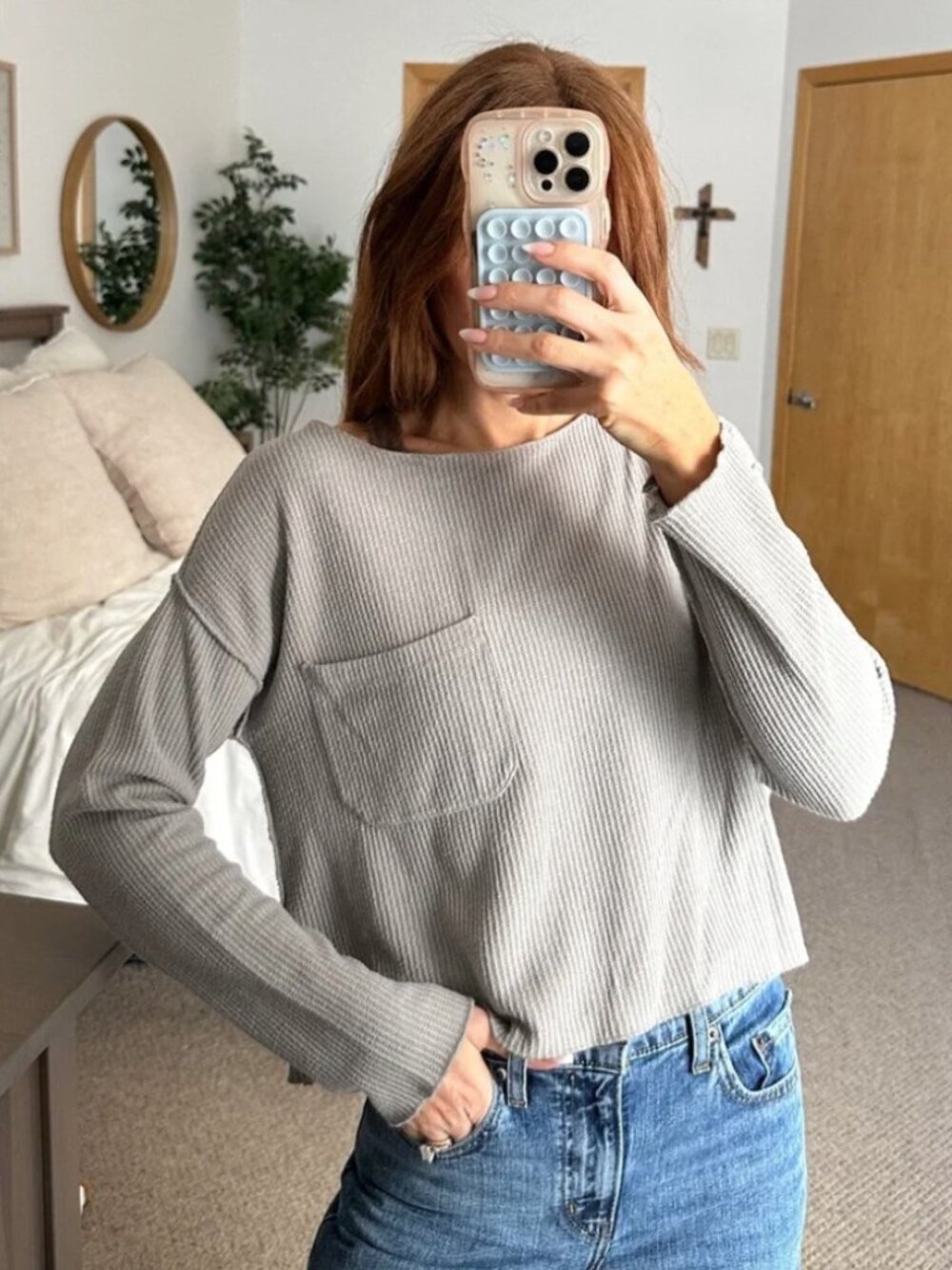 Anthropologie Daily Practice Gray Grey Waffle Lightweight Long Sleeve Top XS